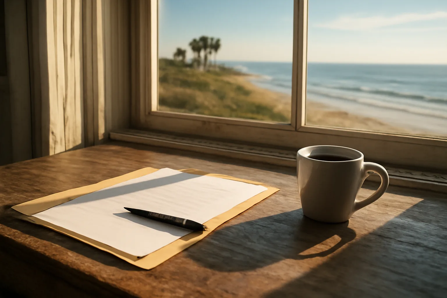 Desk with contract folder and coffee representing South Carolina timeshare cancellation review