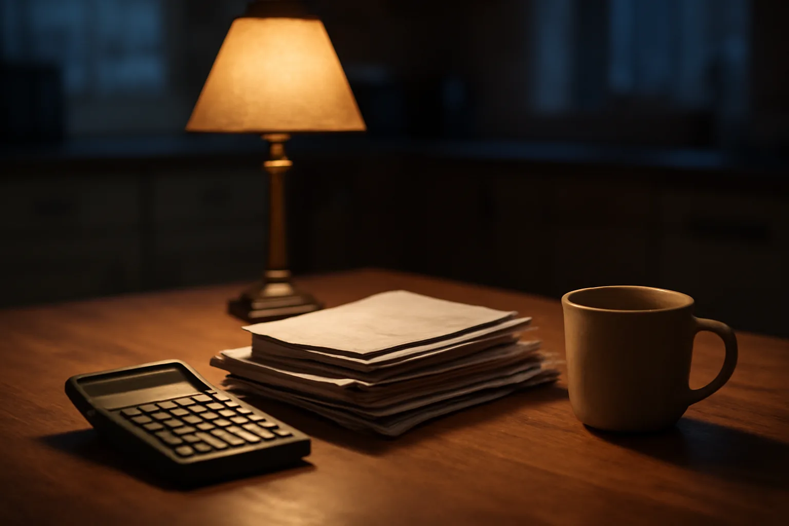 Bills and a calculator on a kitchen table, evoking the stress of stop timeshare payments decisions