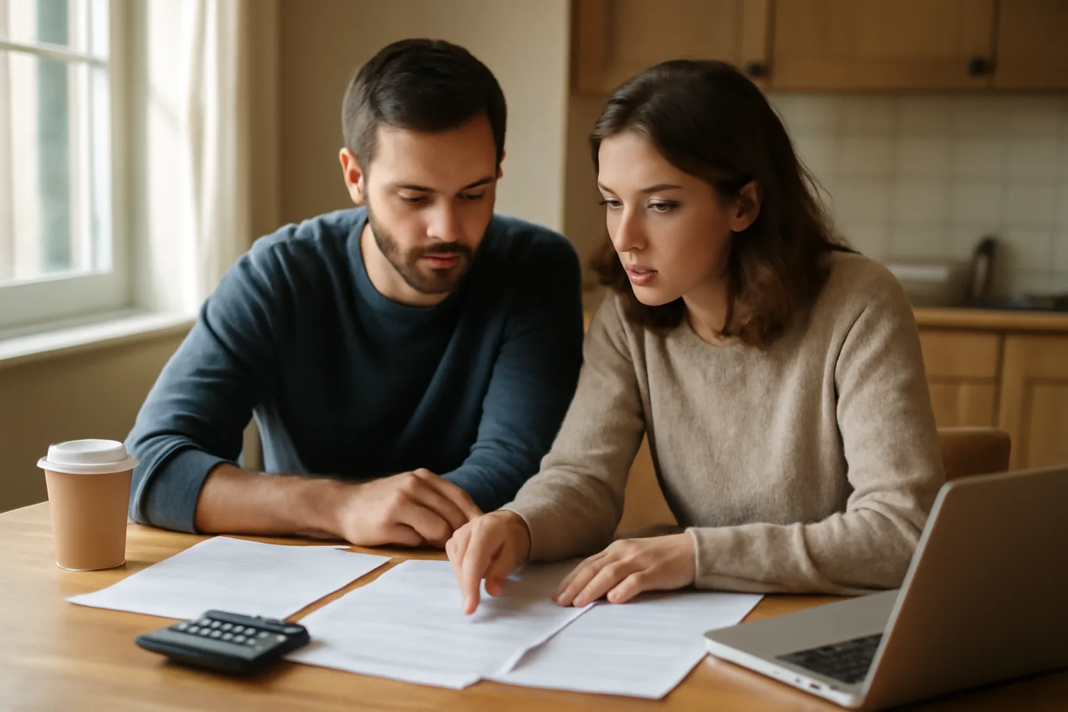 Couple reviewing timeshare contract documents and exit options at home