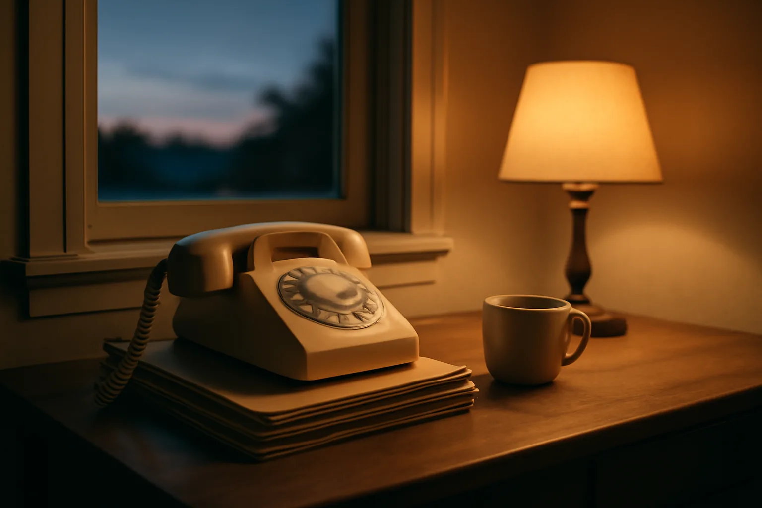 Desk with phone and folders representing a timeshare owner's call list at dusk