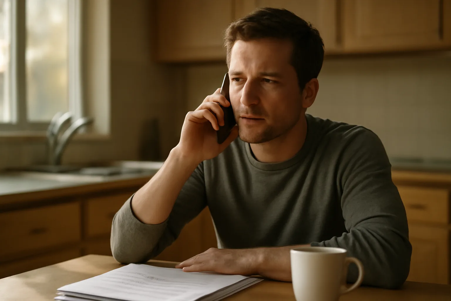 person on phone at kitchen table reviewing timeshare contract during a cancellation call