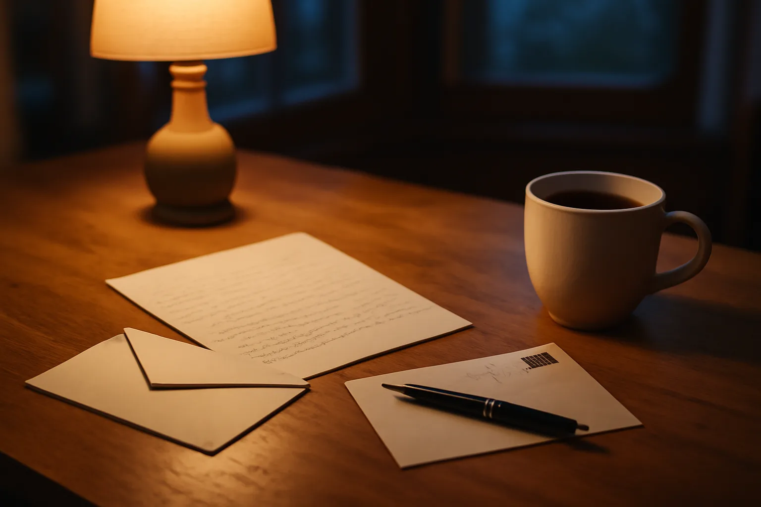 Handwritten cancellation letter and mailing envelope on a kitchen table
