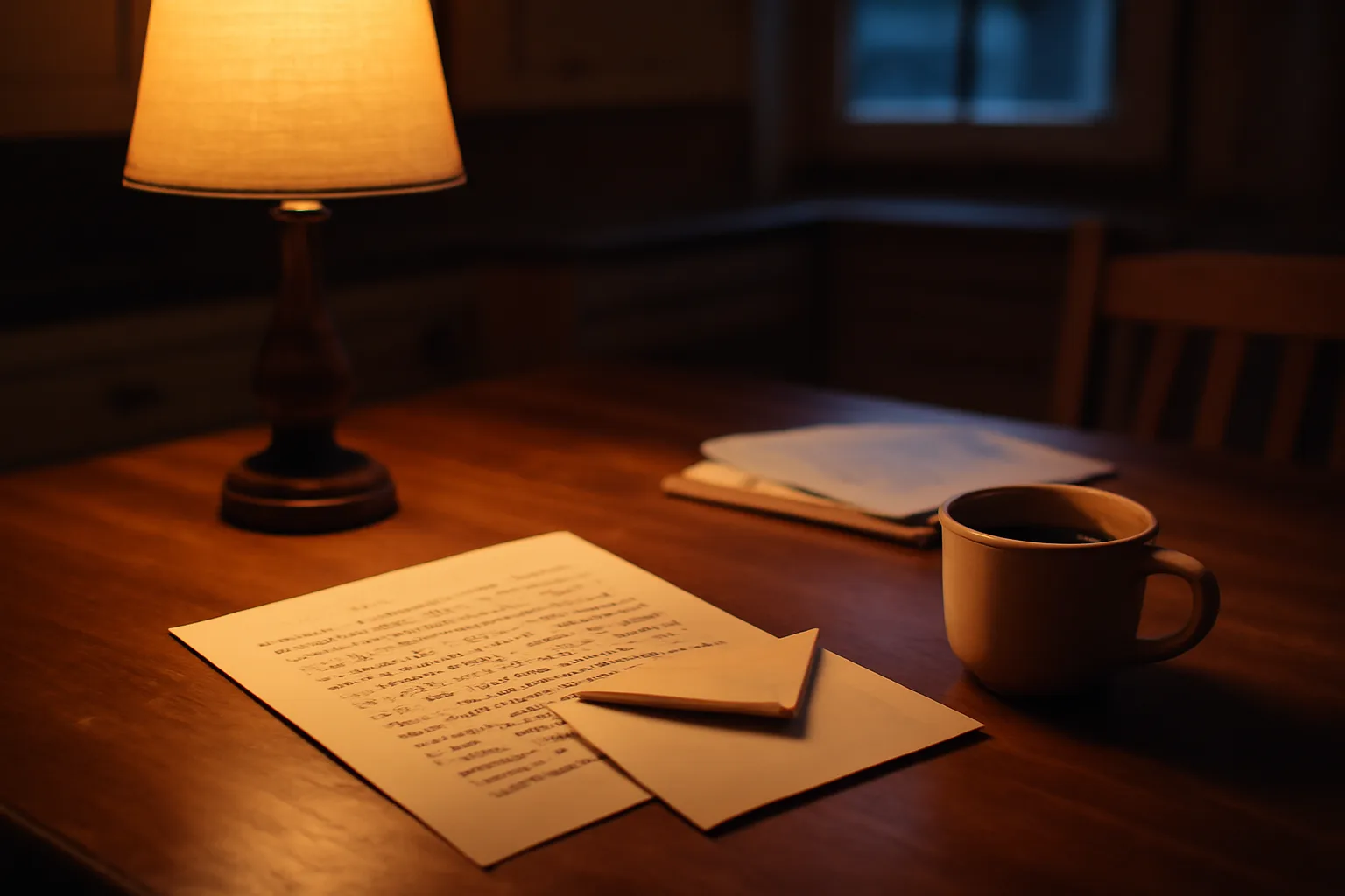 Handwritten letter and envelope on a kitchen table at dusk, timeshare cancellation letter template in use