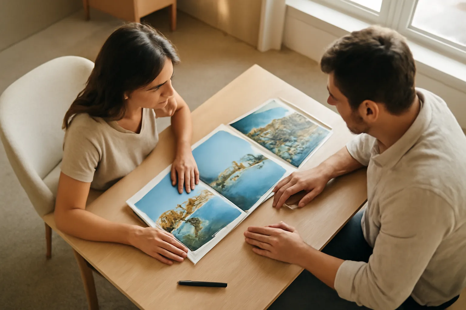 Couple reviewing timeshare purchase documents at resort sales office table