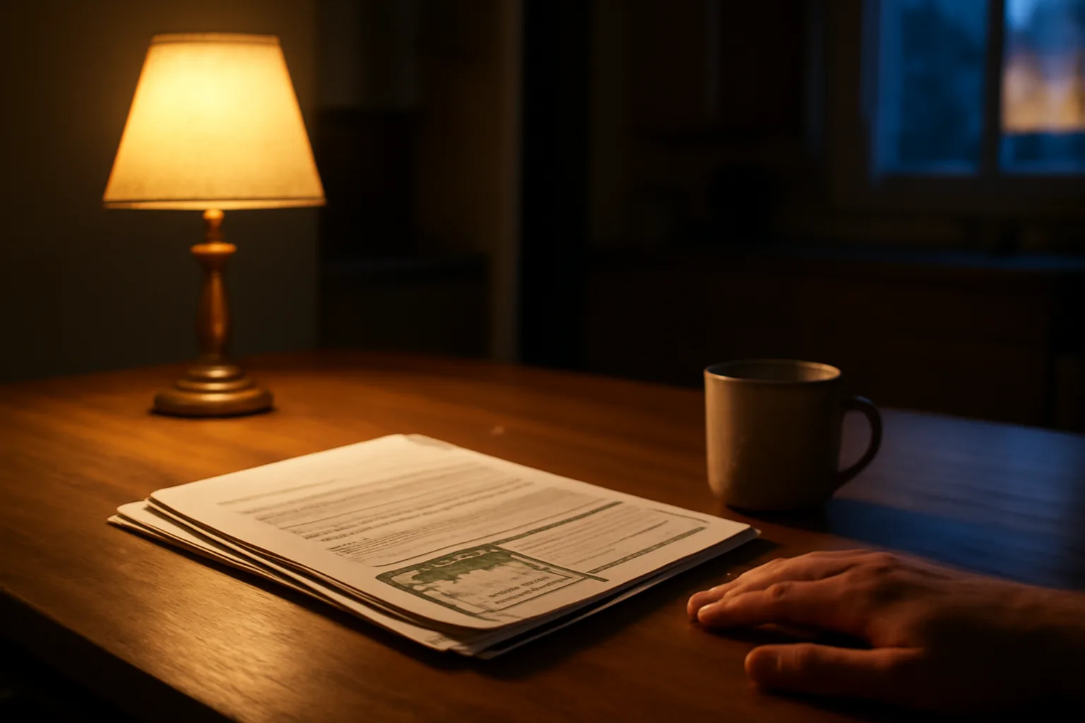 Homeowner reviewing timeshare contract papers at a kitchen table with lamp light
