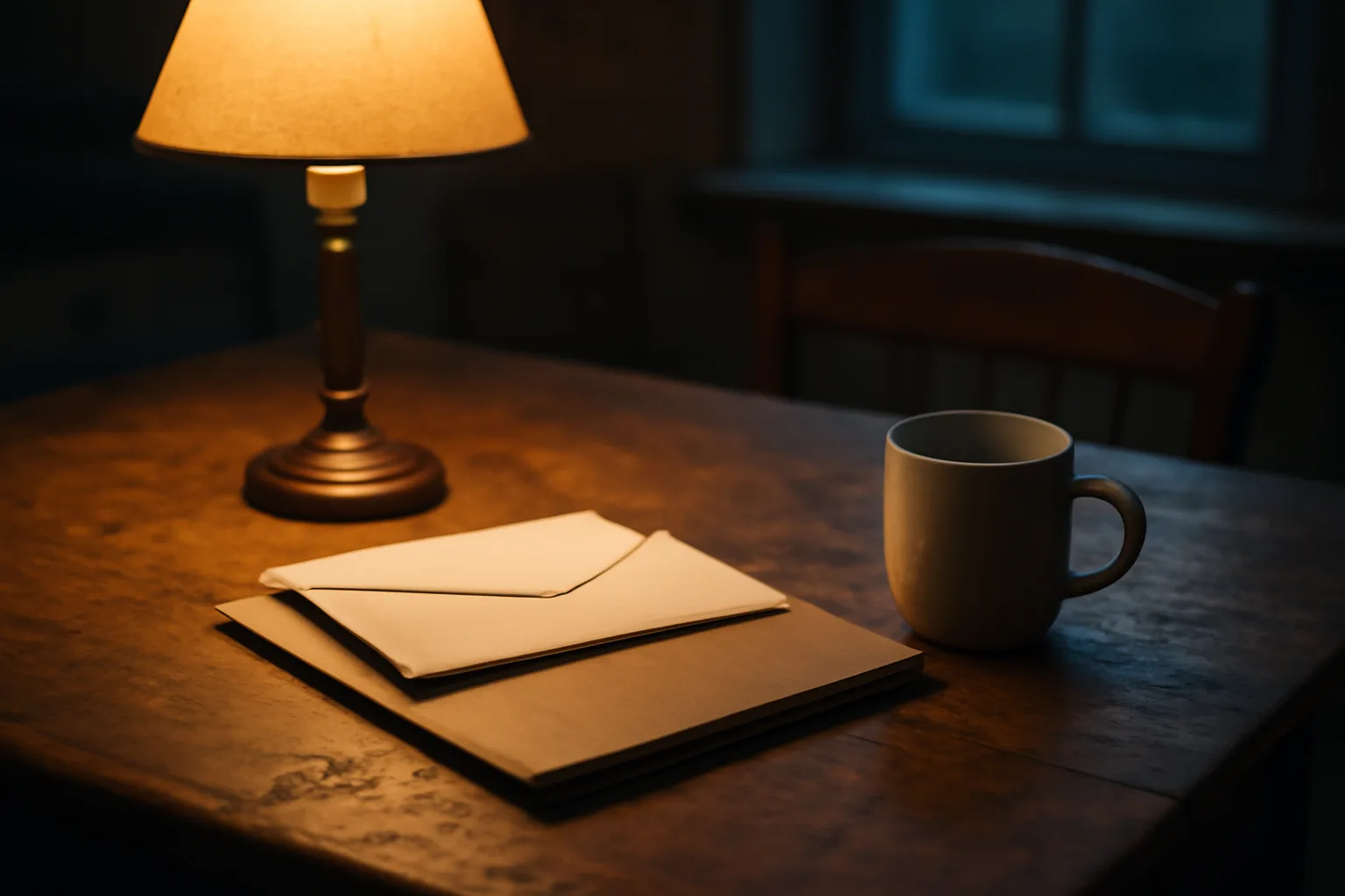 Kitchen table at night with envelopes and folder suggesting timeshare cancellation pressure