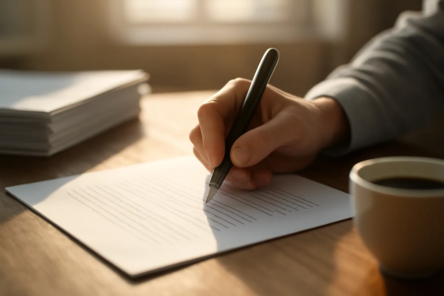 Person signing timeshare cancellation letter at desk with natural light