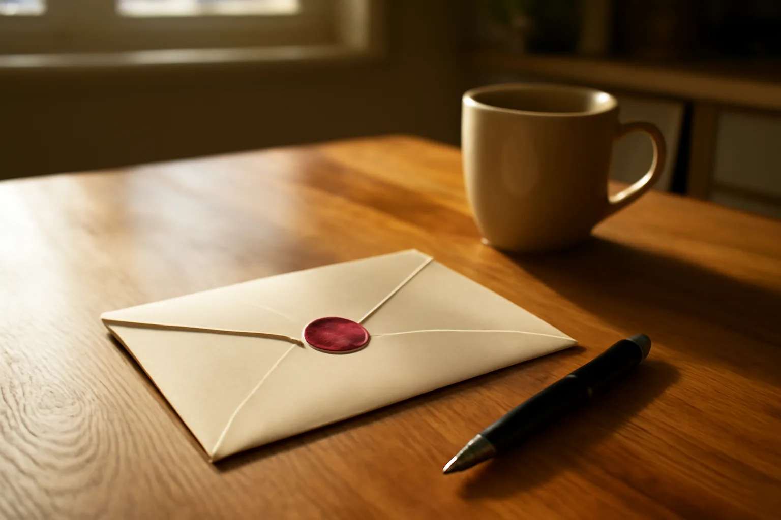 Sealed envelope and pen on table representing a timeshare cancellation letter being mailed
