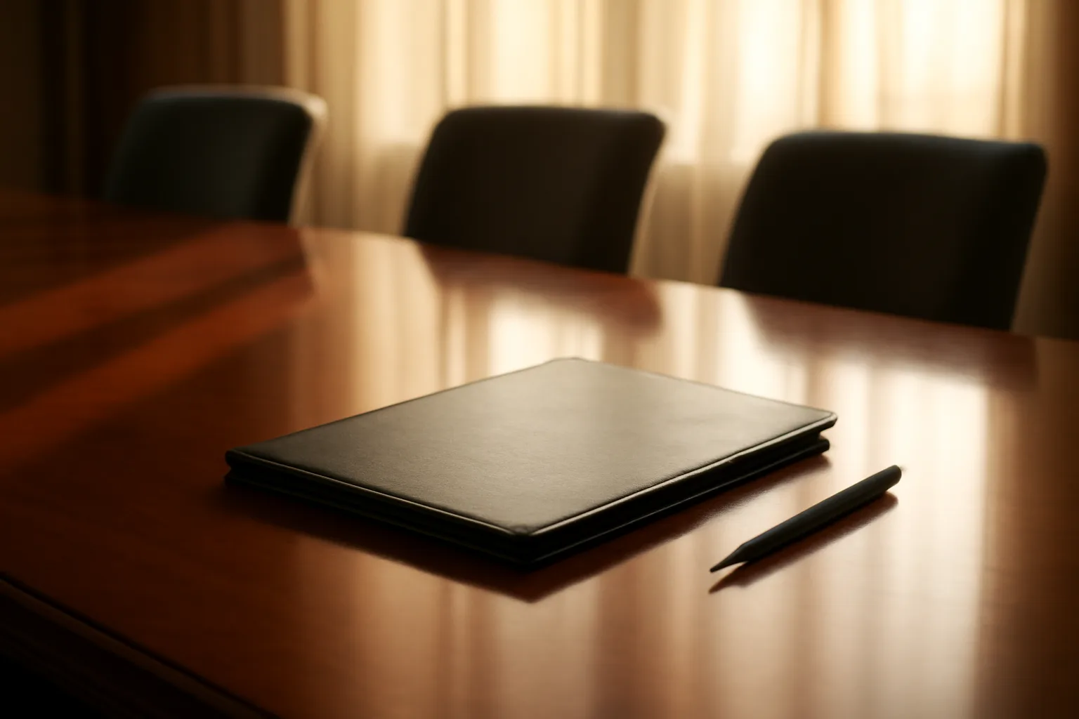 Closed contract folder and pen on conference table symbolizing timeshare agreement signing