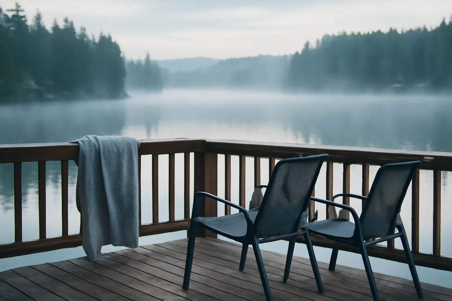Empty lakeside resort balcony at dawn representing a Canadian timeshare exit decision