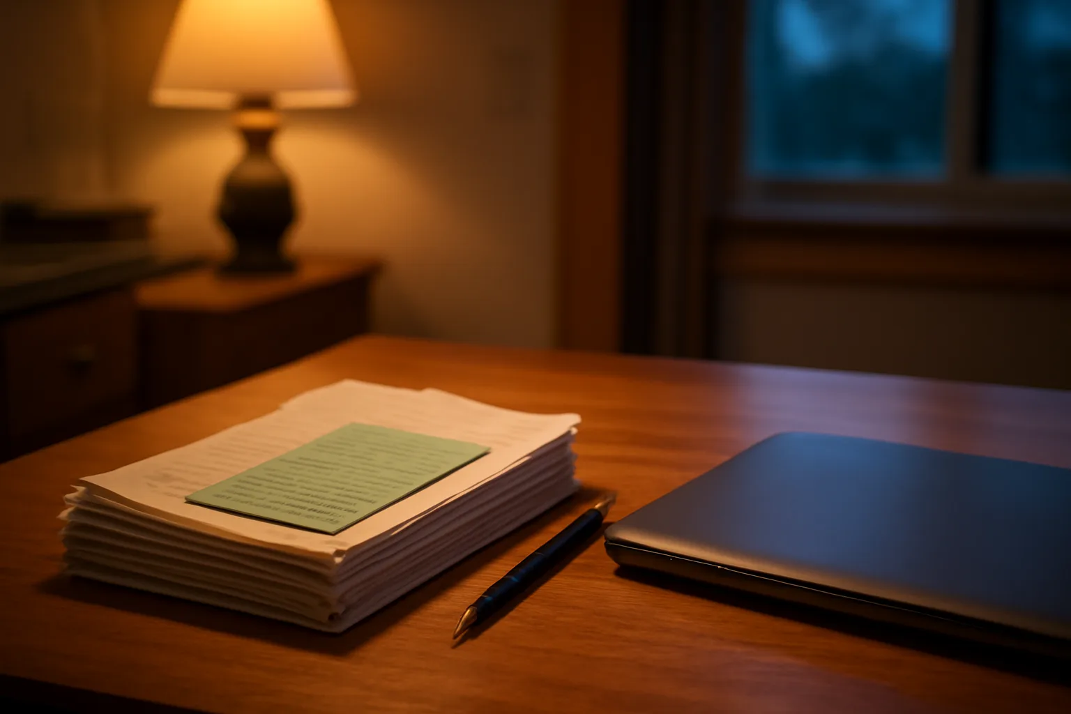 Kitchen table with paperwork and a pen under warm lamp light, no visible text