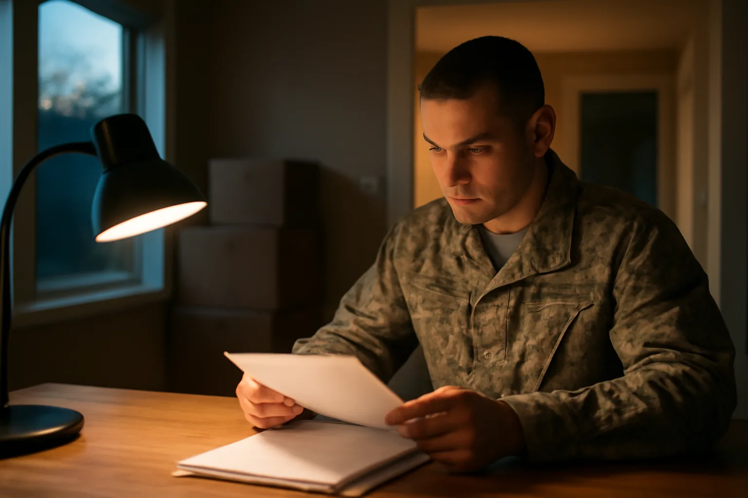 Servicemember reviewing timeshare paperwork at home with packed moving boxes nearby