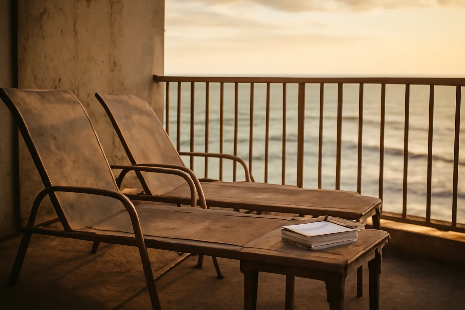 Empty resort balcony at sunset representing the weight of timeshare ownership decisions