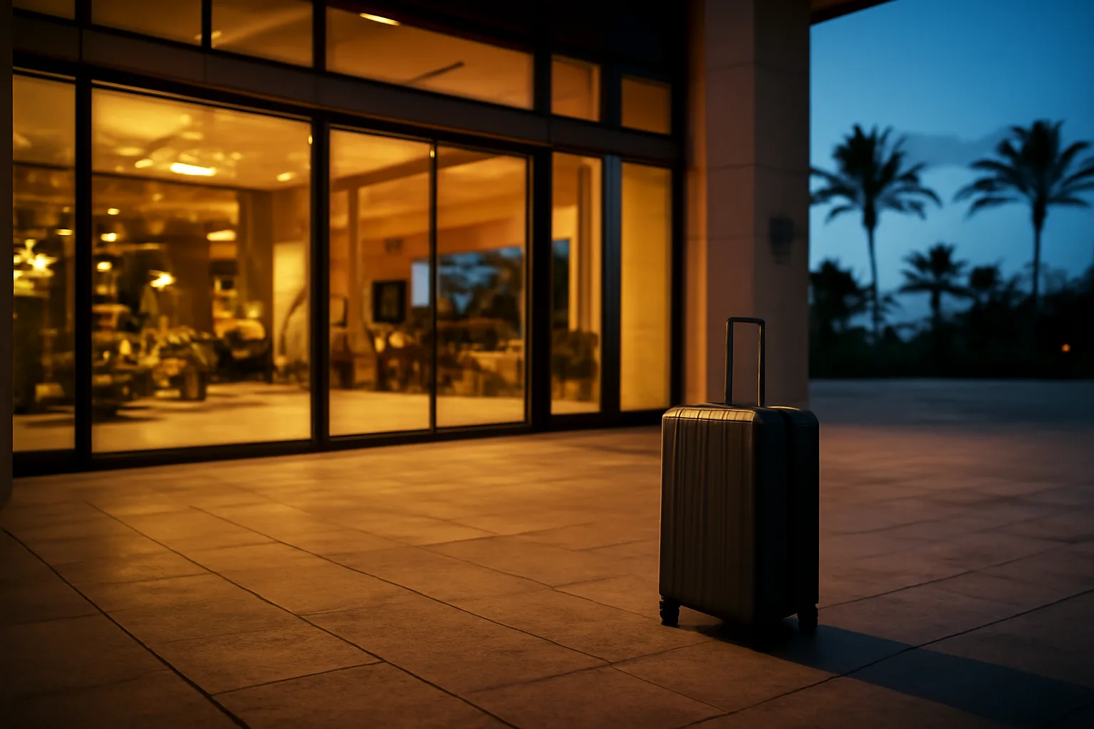 Empty resort lobby with suitcase at entrance, symbolizing timeshare exit decisions