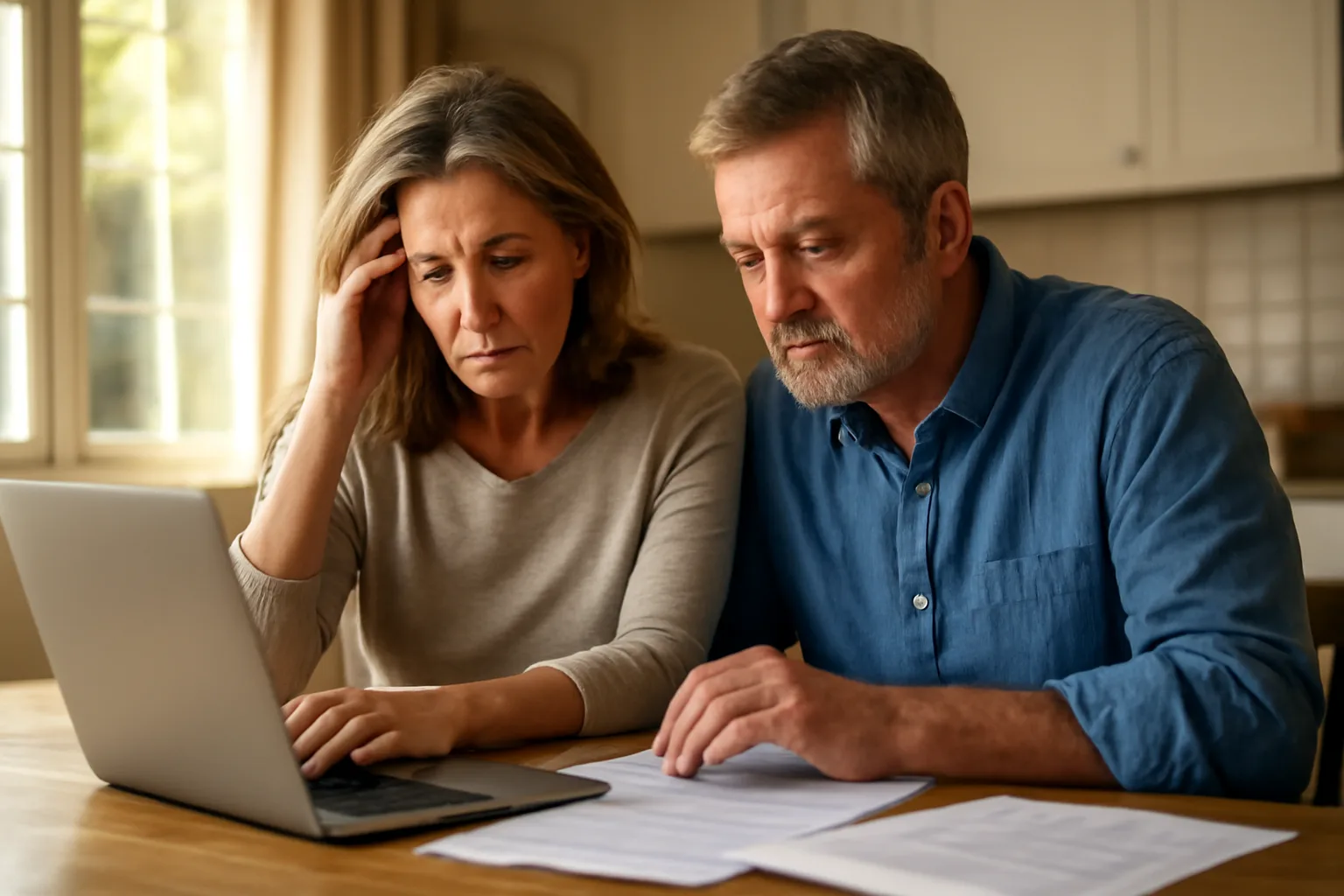 Couple reviewing timeshare documents and options at home