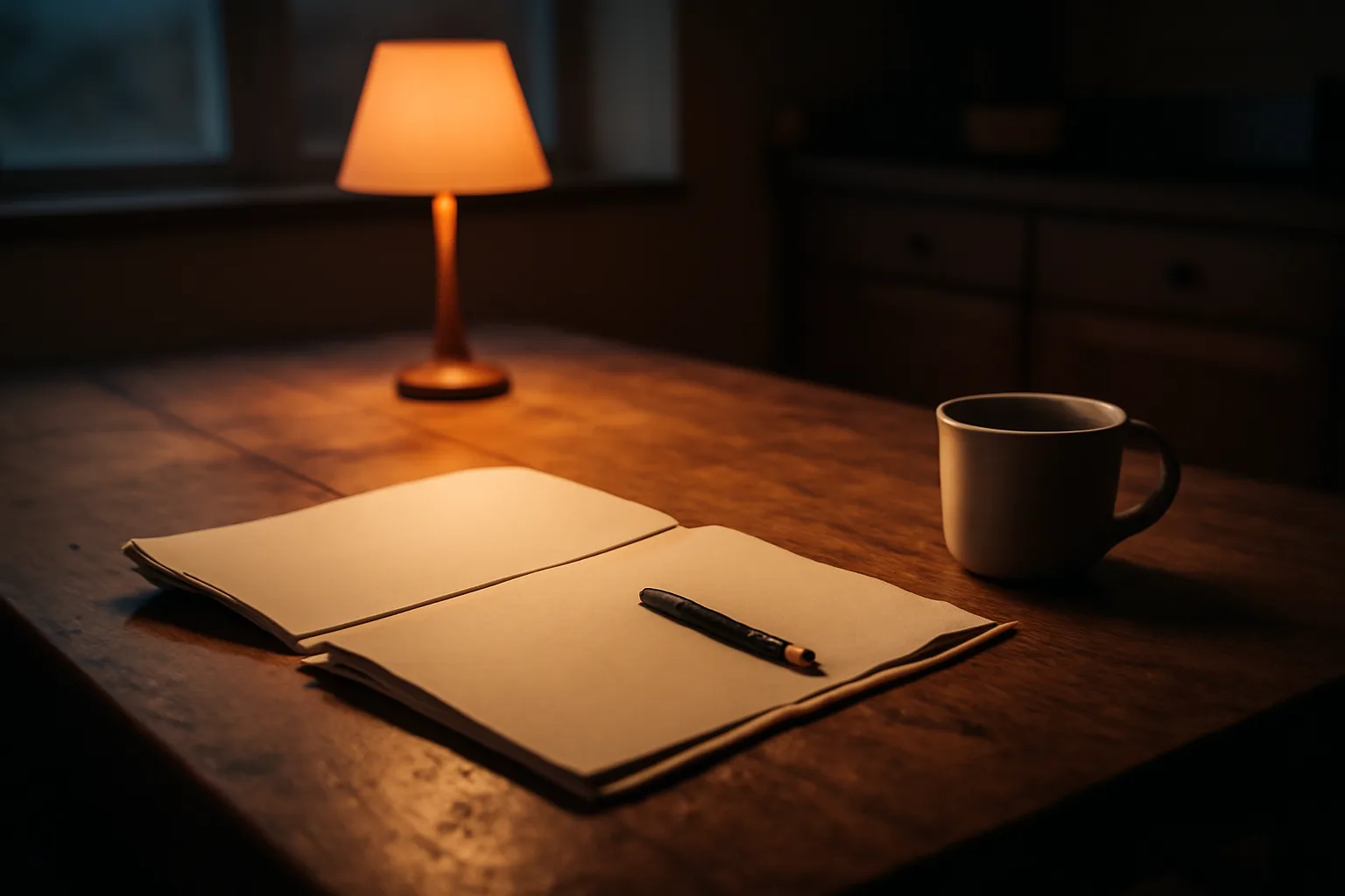 Kitchen table at dusk with paperwork and coffee mug during a timeshare help decision