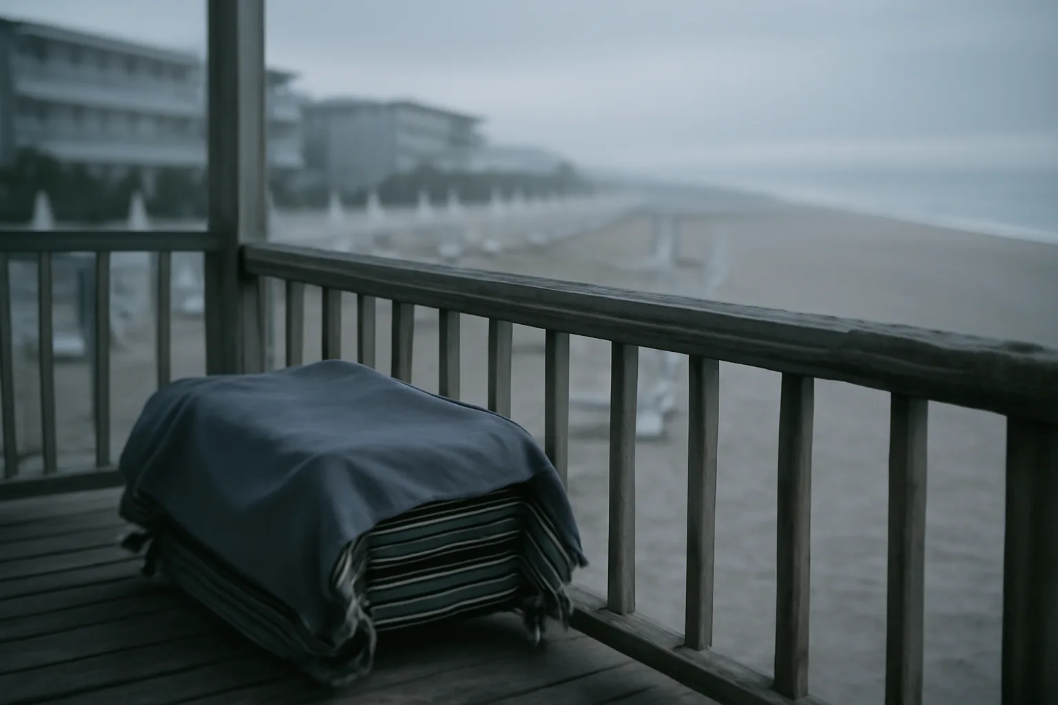 Empty off-season resort porch overlooking a quiet beach at dawn