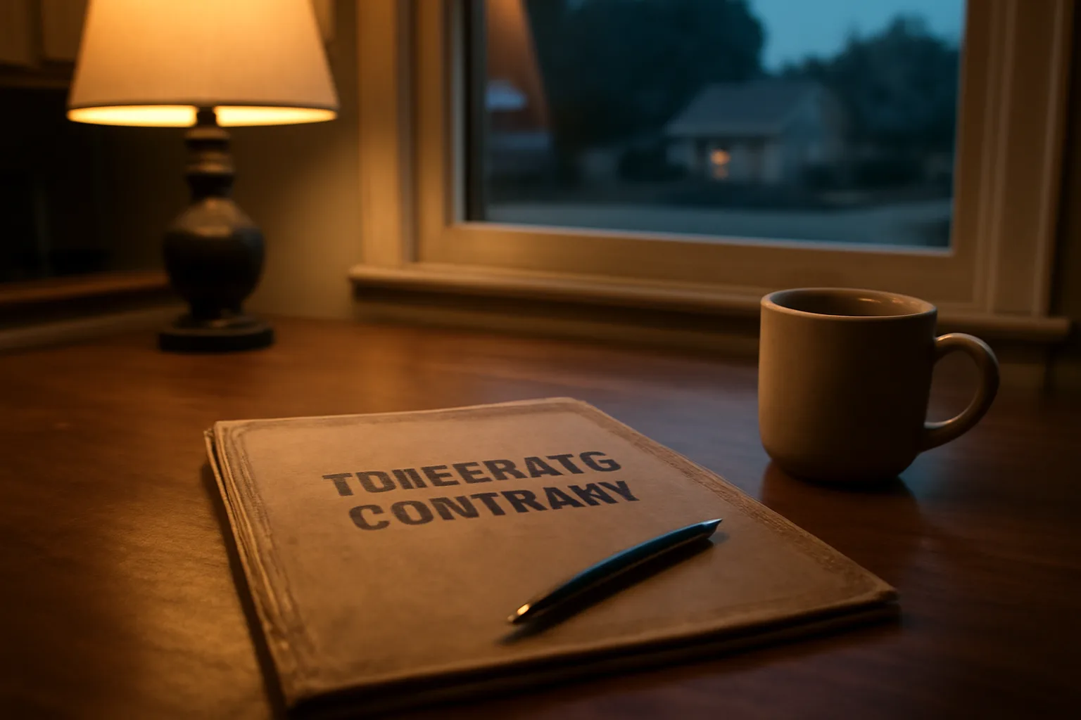 Contract folder and pen on a kitchen table, representing a timeshare termination decision
