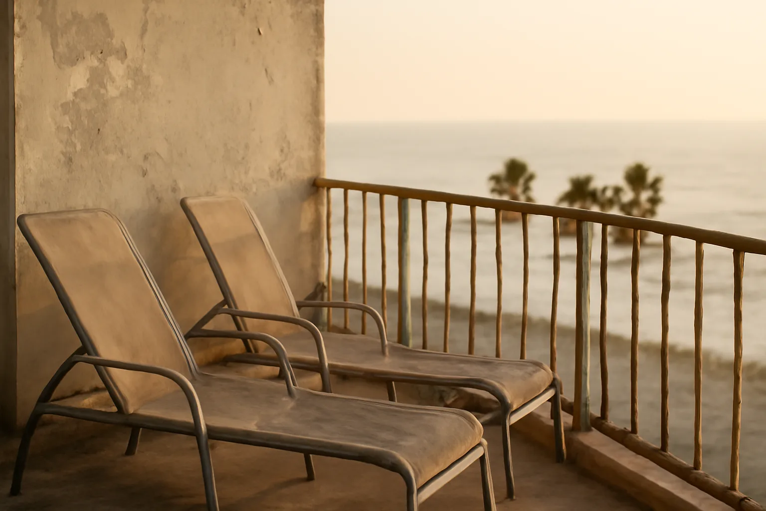 Faded resort balcony at sunset representing rising timeshare maintenance fees over time