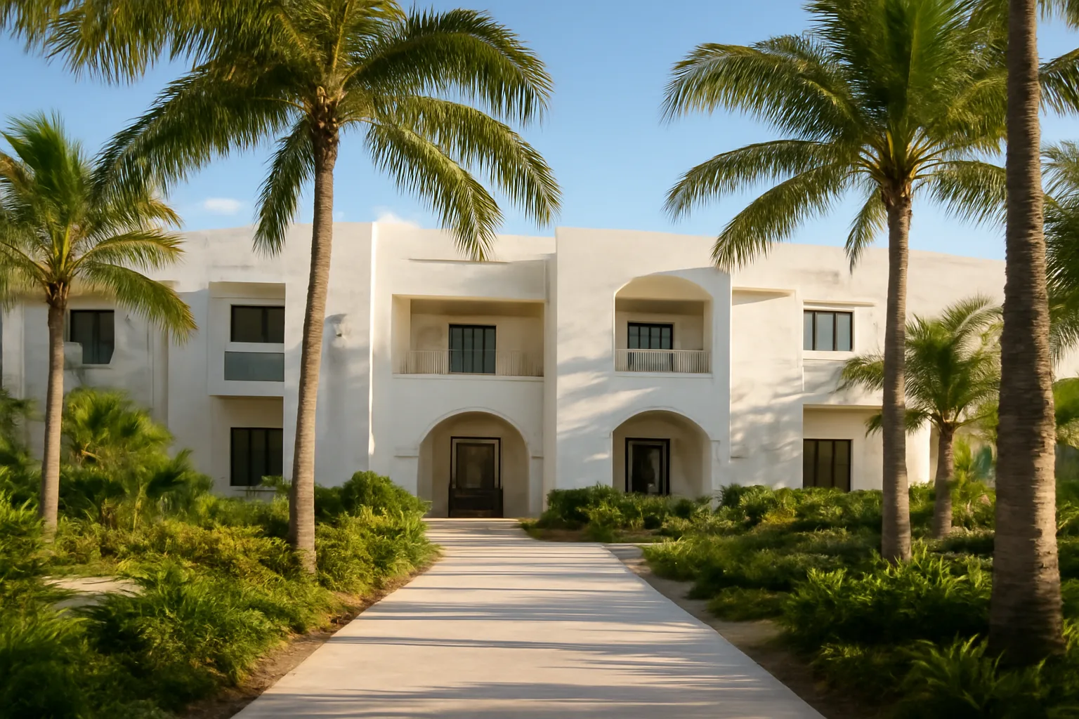 Vidanta resort exterior with palm trees and bright morning sunlight