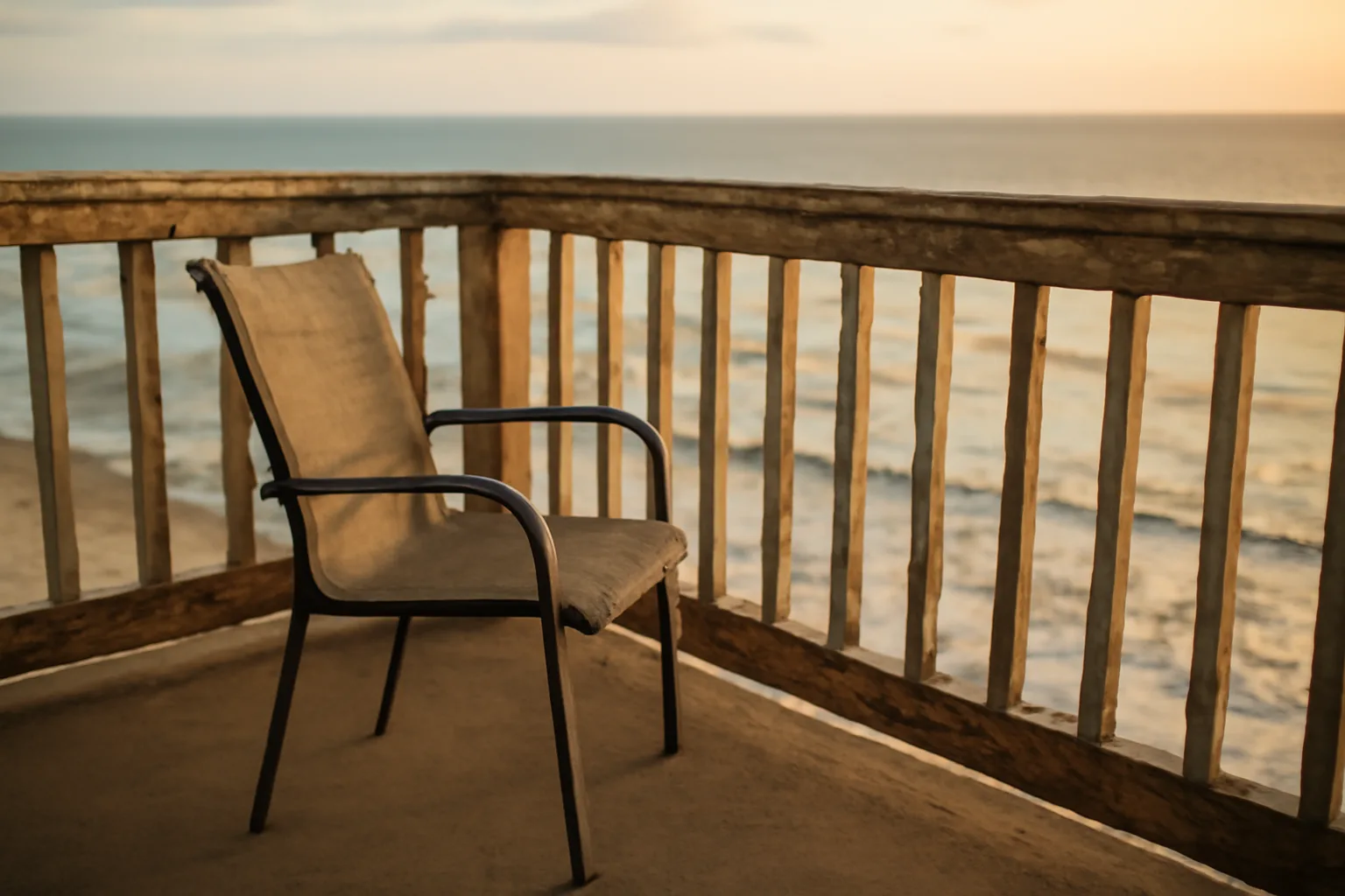 Empty balcony at a coastal timeshare resort at sunset, evoking walking away from maintenance fees