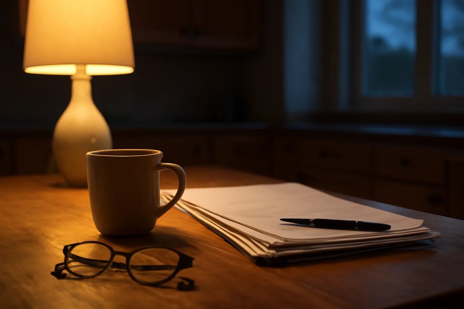 Kitchen table with papers and coffee mug representing timeshare exit paperwork research