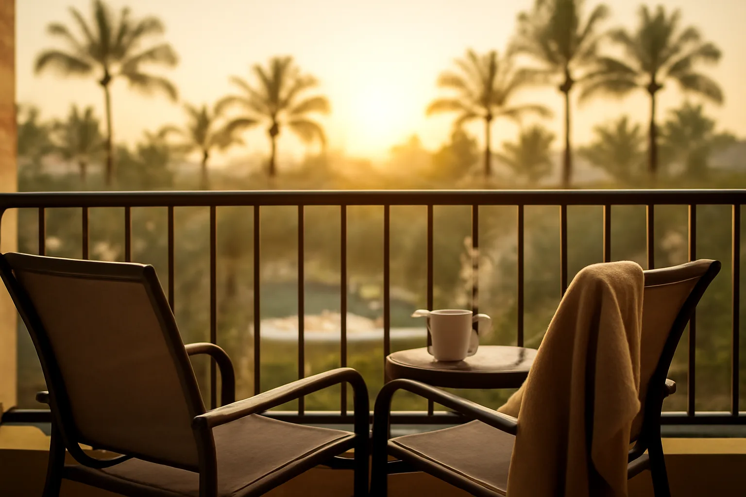 Empty resort balcony at sunrise evoking a timeshare owner weighing cancellation options
