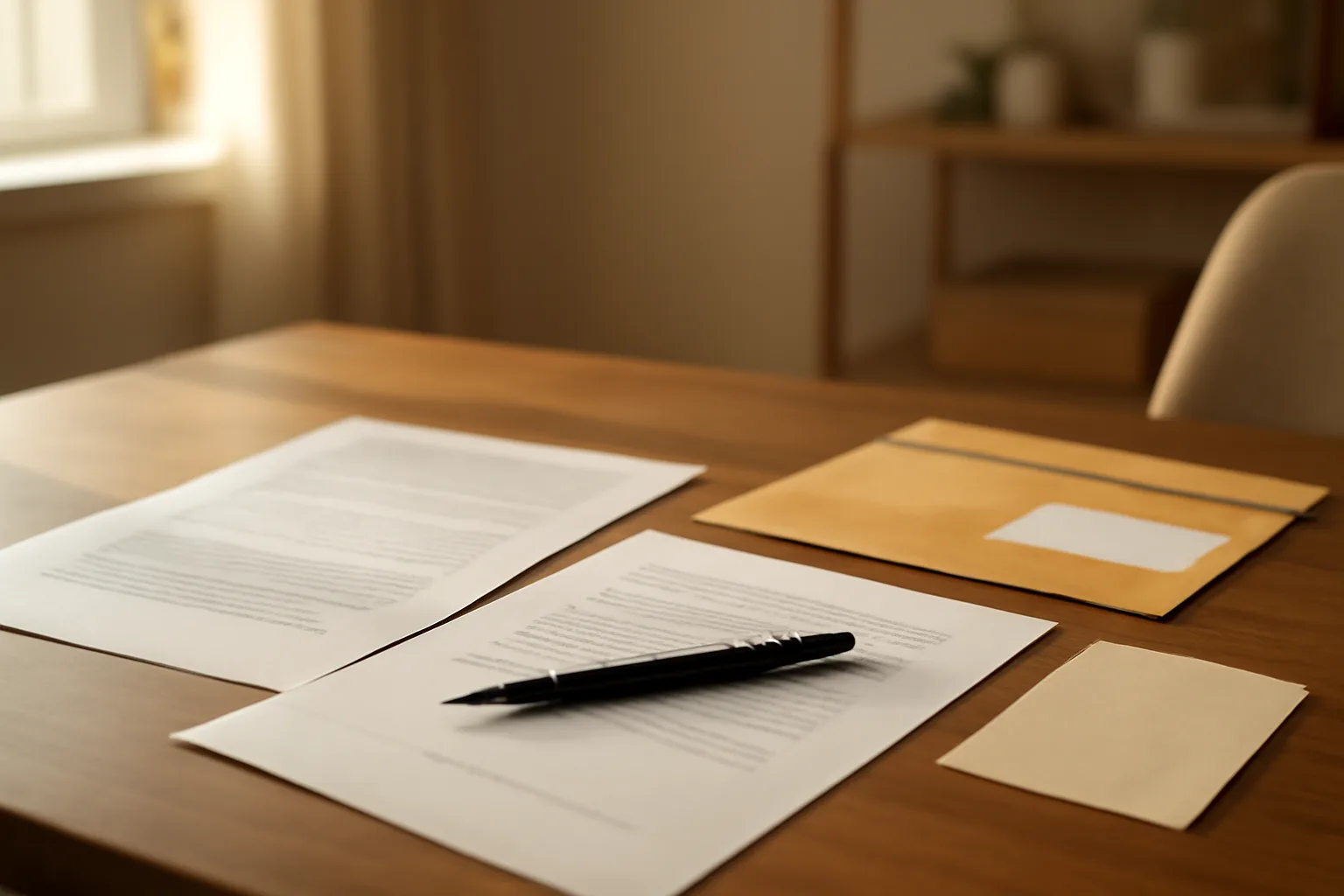 Timeshare contract documents with pen and certified mail envelope on desk