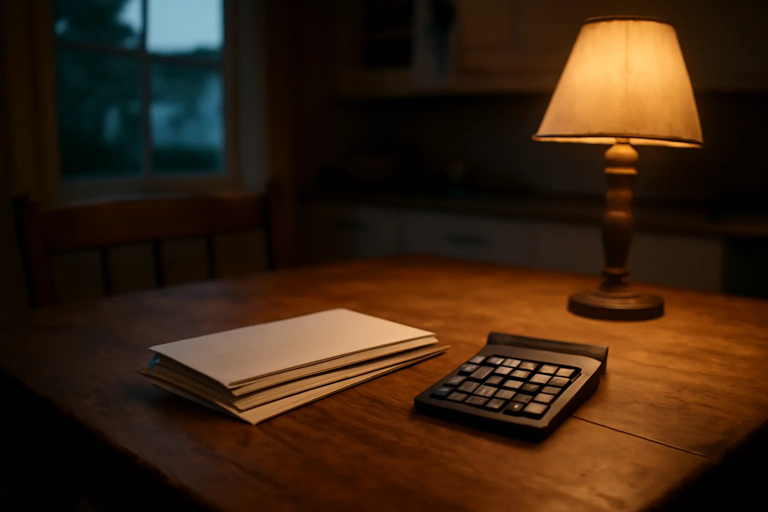 Stack of unpaid bills and a calculator on a kitchen table at dusk