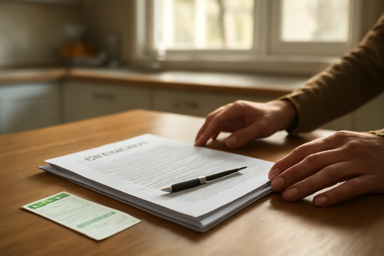Hands reviewing timeshare contract papers and a mail receipt at a table