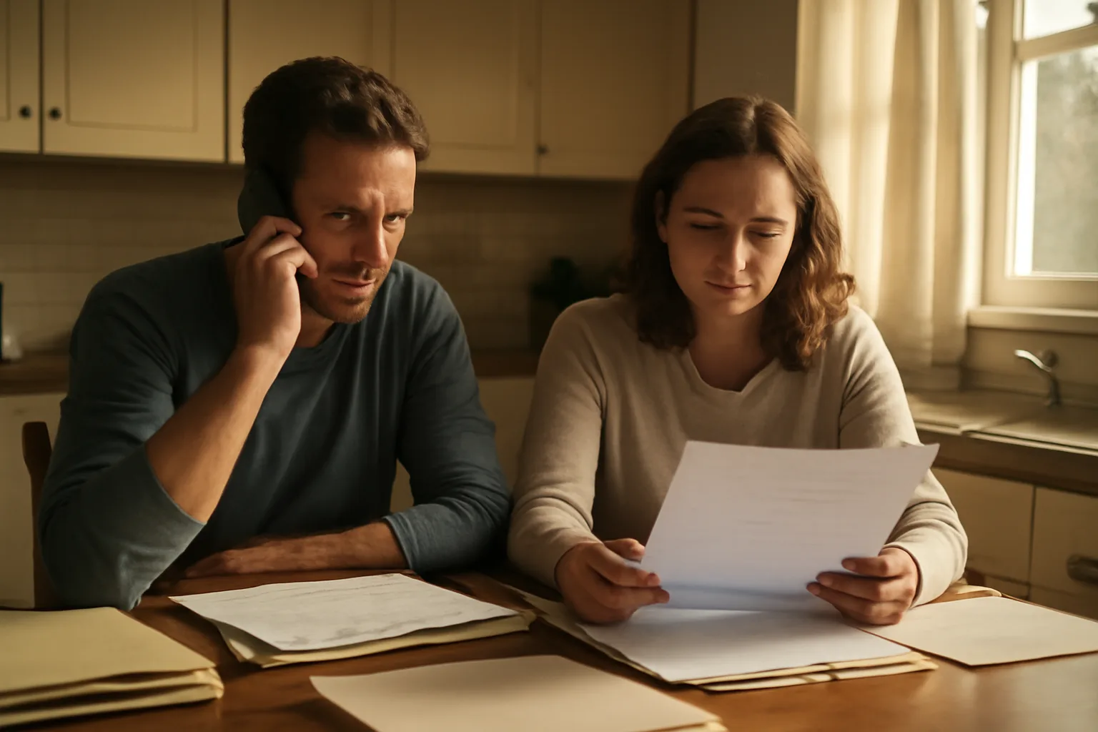 Couple reviewing timeshare documents and making phone calls at home