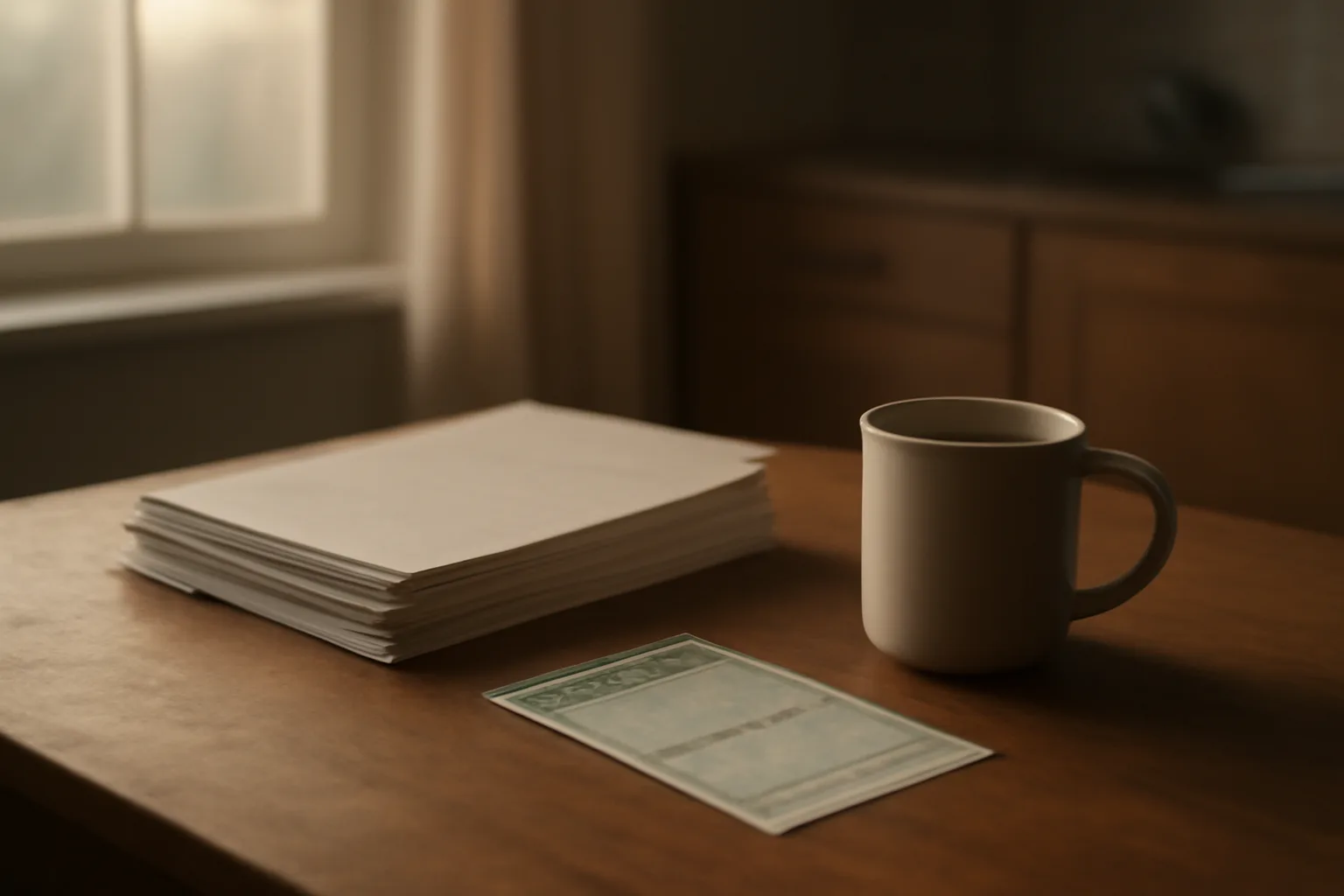 Contract papers and coffee mug on a kitchen table at dawn