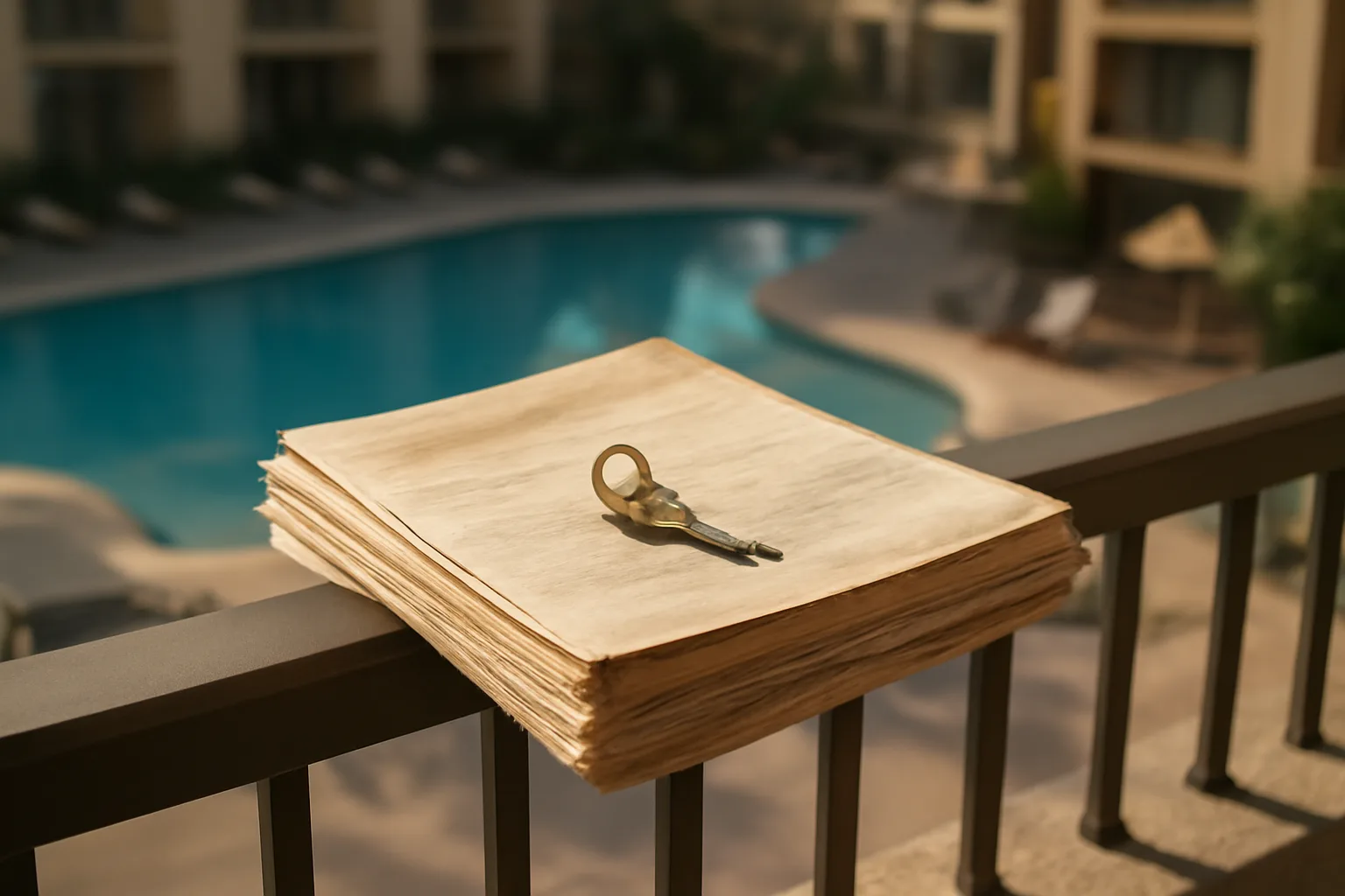 Contract papers and keys on a resort balcony railing, illustrating why timeshare exit is hard