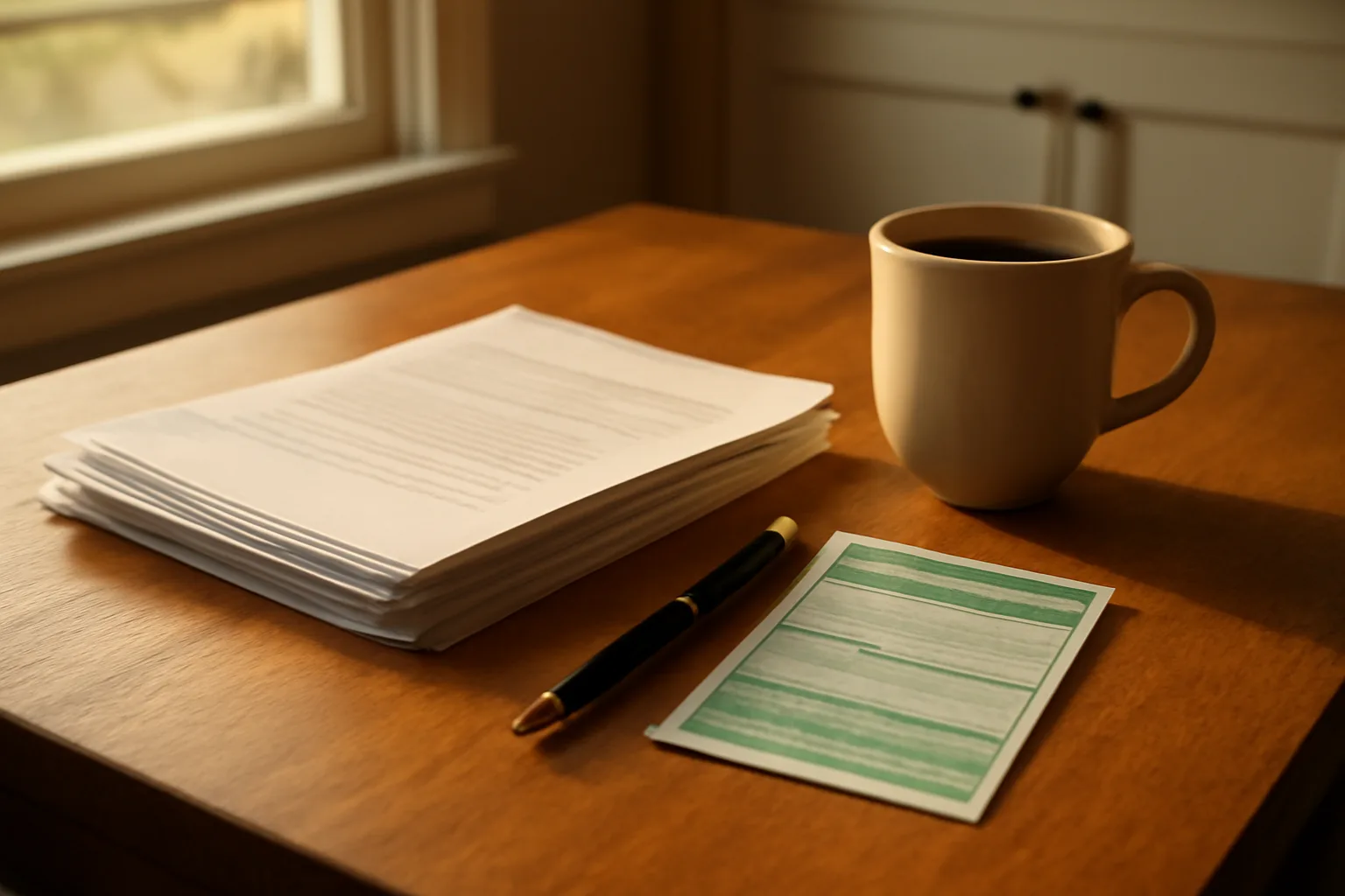 Contract paperwork and a pen on a kitchen table, representing steps to cancel a Wyndham timeshare