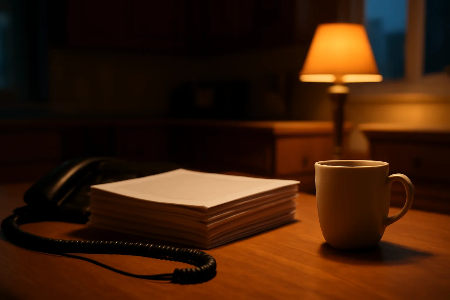 Timeshare contract papers and a phone on a kitchen table at dusk