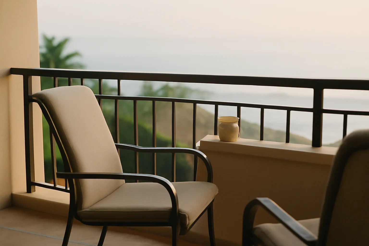 Empty resort balcony at dawn representing a timeshare owner weighing cancellation options